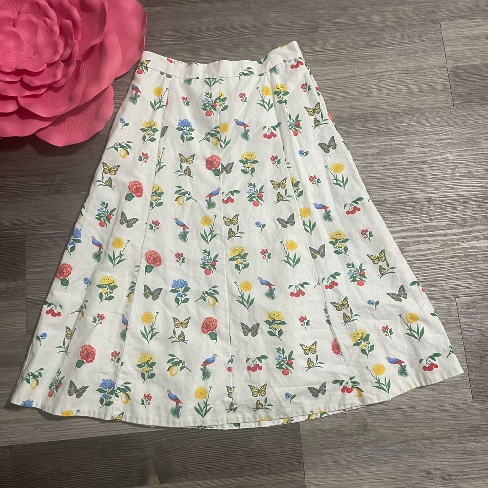 Ann Taylor White Floral & Butterfly A-Line Skirt